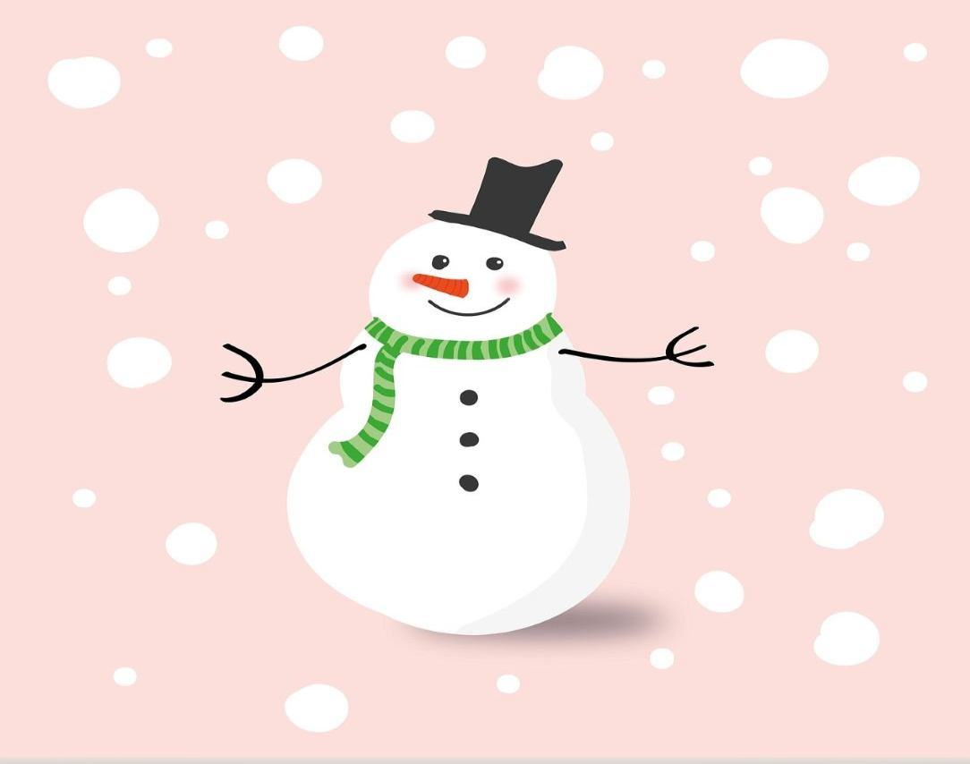 Snowman with green scarf and top hat on pink background with small snowflakes