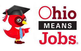 A red bird wearing a graduation cap and a tie. Text reaads Ohio Means Jobs