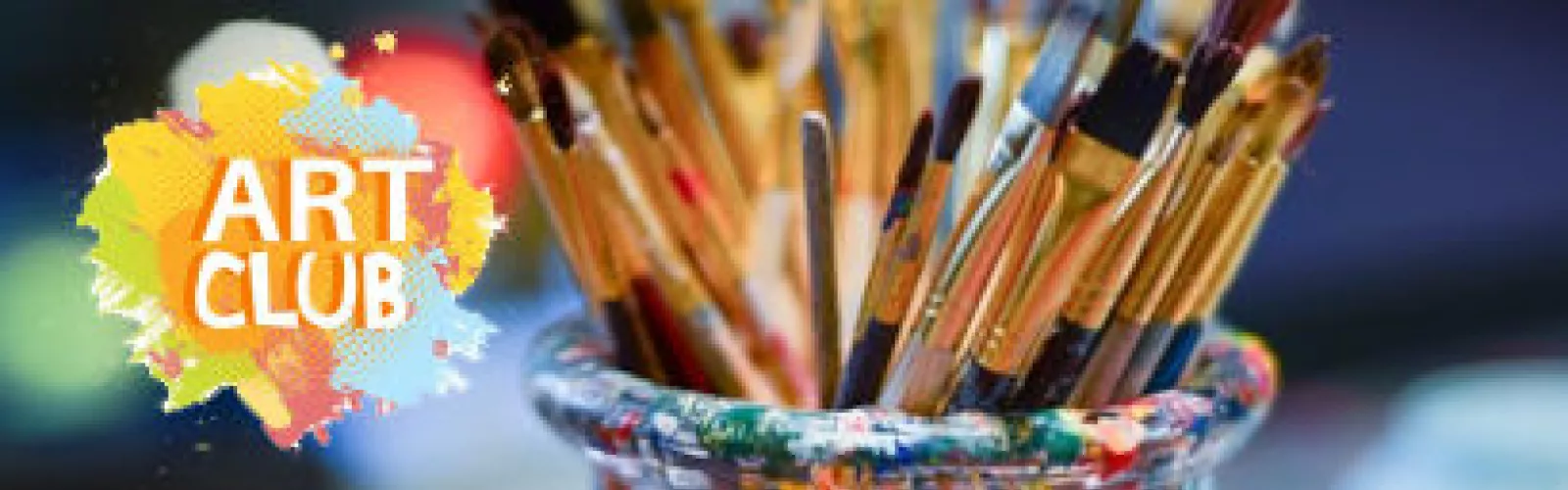 A jar full of brushes, splattered with paint. Text reads art club